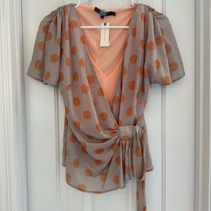 NWT Anthropologie Eva Franco Peach Gold Dots Wrap Top Size Small - NEW with Tags